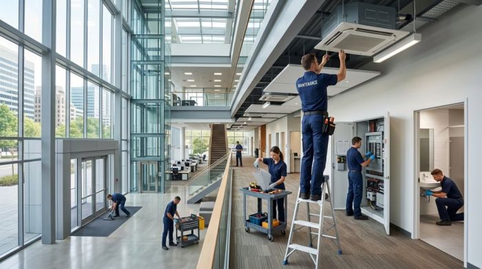 Maintenance crew servicing HVAC, electrical panels and cleaning in a modern commercial office building lobby